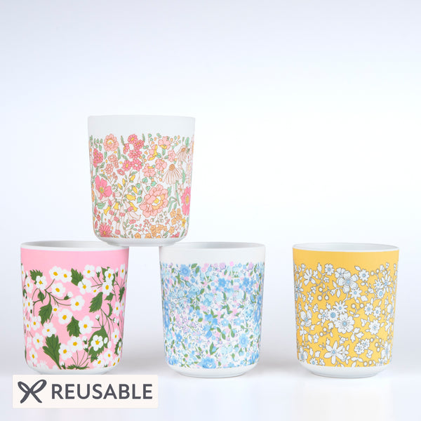 Our reusable cups are made from melamine, they are sturdy yet have sophisticated Liberty print designs so are perfect for parties. Image1