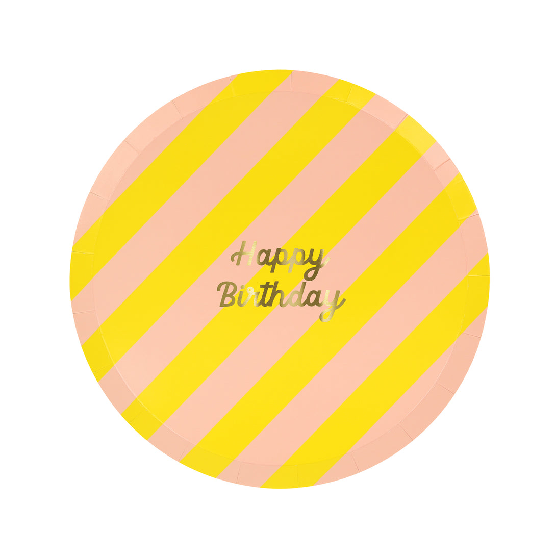 Our side plates feature an on trend pattern of stripes and the words Happy Birthday in shiny gold foil.