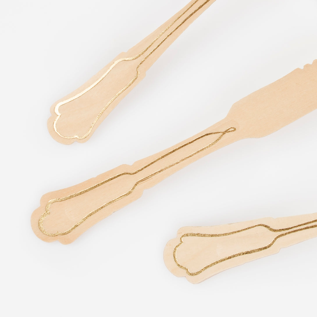 Our wooden knives, forks and spoons feature gold foil details, making them perfect as garden party cutlery.