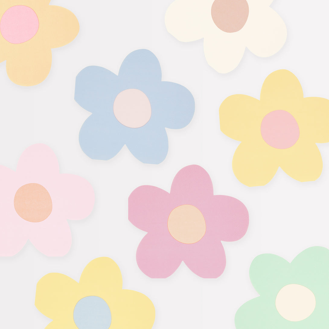 Our party napkins, in pastel colours and in a pretty daisy shape, will look amazing on your party table.