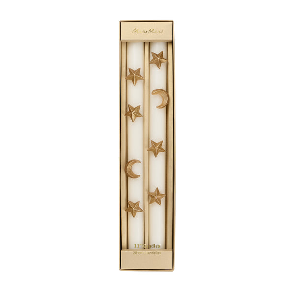 Our Halloween candles, in ivory with ivory wicks, feature hand painted gold ink moons and stars for an elegant celestial effect. Image3