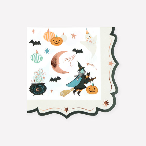 Our Halloween napkins, made from 3-ply paper in a large size, feature happy characters and icons and shiny copper foil details. Image1