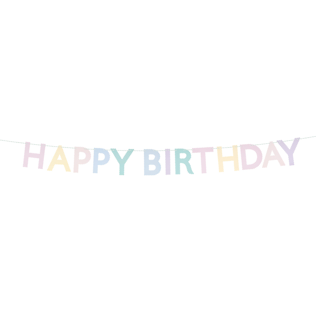 Our paper garland, with the words Happy Birthday in pastel scalloped letters, is the perfect birthday party decoration.