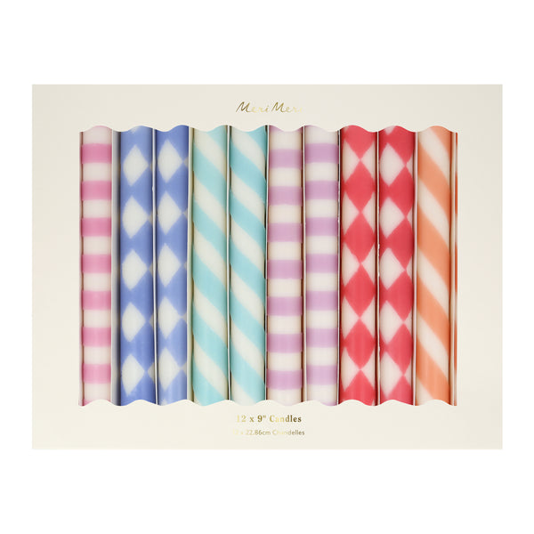 Add colour and style to a table setting with a table candle. Our set of 12, in 6 colours and designs, is a wonderful candle gift too. Image4