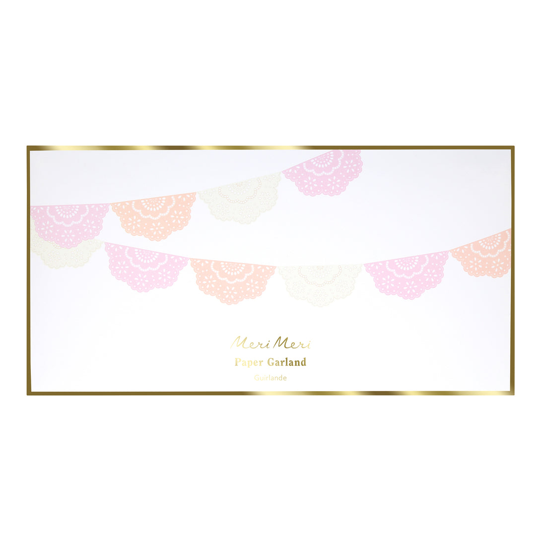 Our party garland, in pretty pink, peach and ivory with lace design details, makes an amazing baby shower garland.