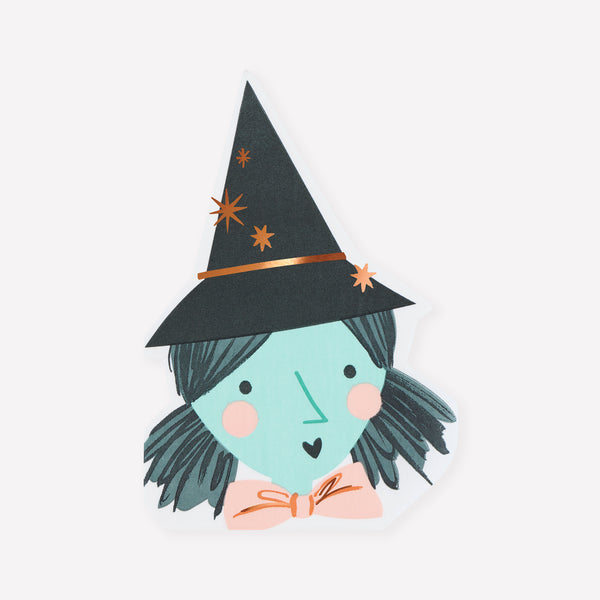 Our Halloween napkins, in the shape of a witch's face, feature shimmering copper foil details, ideal to elevate your party table. Image1