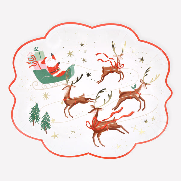 These paper Christmas plates feature a jolly scene of Santa on his sleigh with the reindeer, ideal to decorate your festive party table. Image1