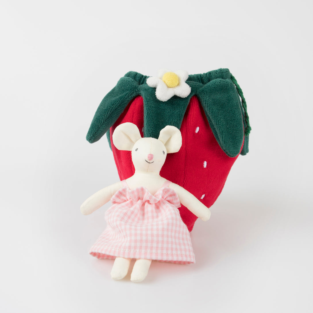 Our fabric mouse doll and velvet pouch, in the shape of a strawberry, is a wonderful gift.