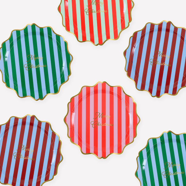 Our paper Christmas side plates feature bold stripes, a Merry Christmas message in shiny gold fold and wavy borders, striking and special. Image1