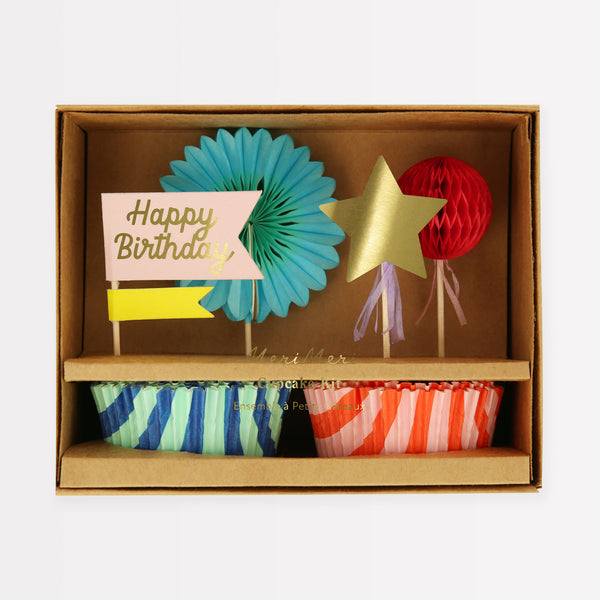 Our bright stripes party set has everything you need in a birthday supply set, with tableware, a cupcake kit, party hats and a mini garland.  Image5