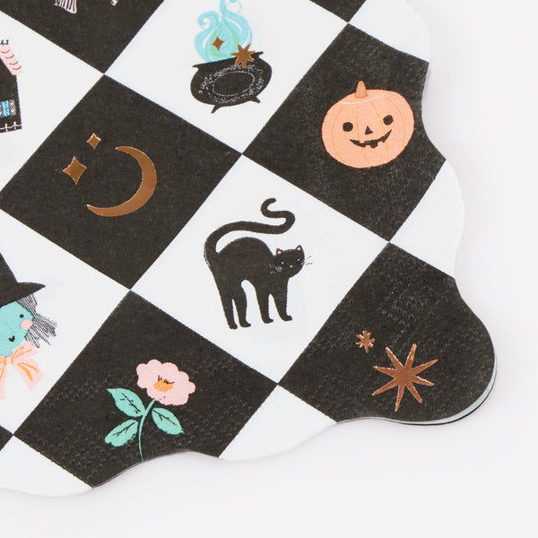 Our Halloween napkins, made from 3-ply paper in a small size, feature fun Halloween characters and icons in a playful patchwork pattern. Image2