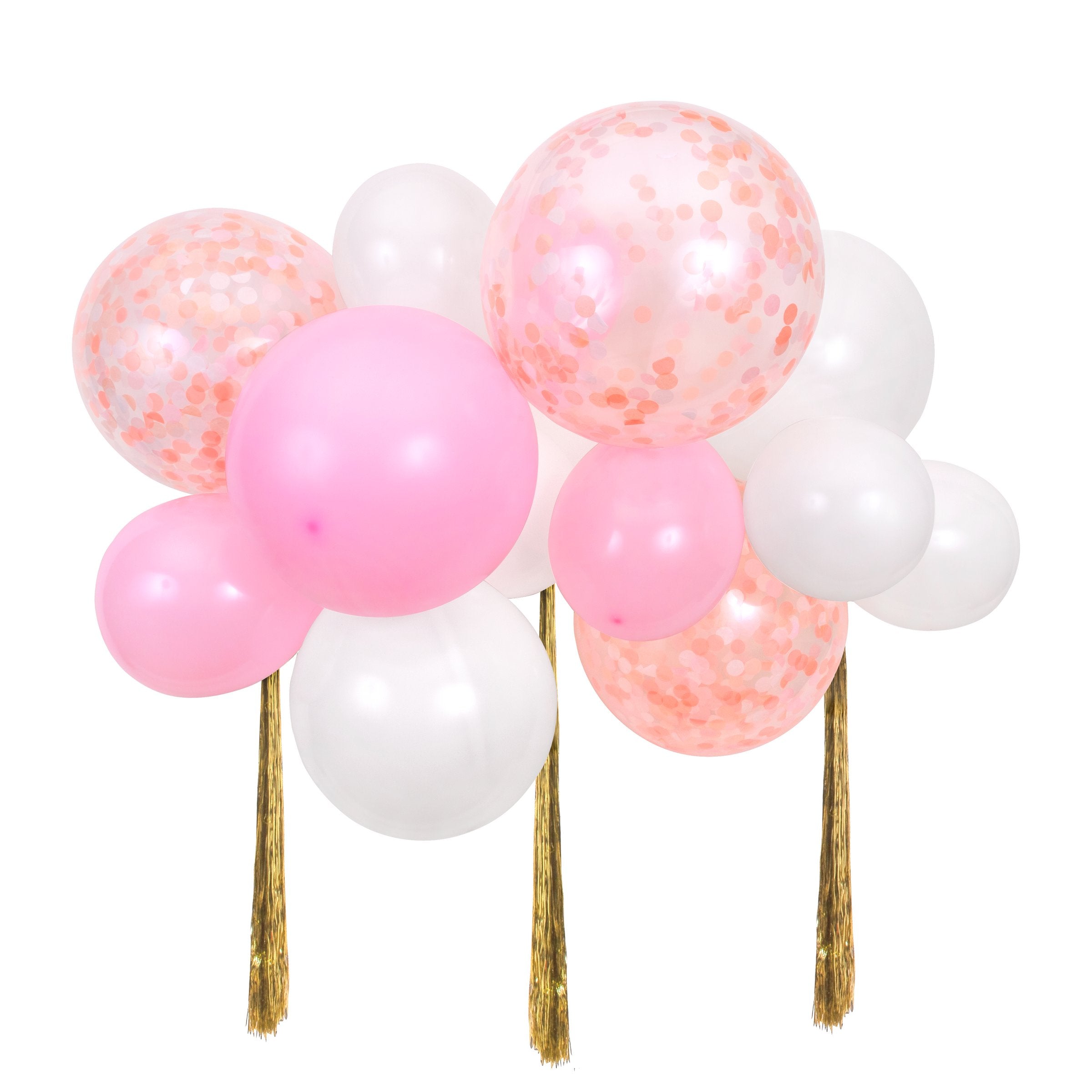 Our balloon kit includes pink balloons, white balloons, confetti balloons and gold streamers.