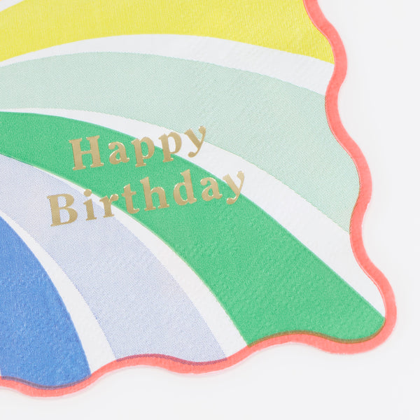 Our birthday paper napkins, in a small size, feature bright swirls of rainbow colours and a shiny gold foil Happy Birthday, colourful and fun. Image2