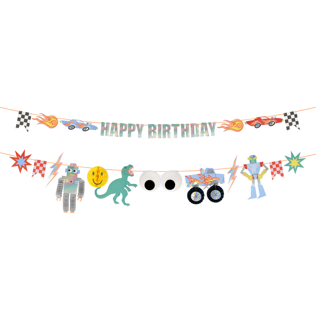 Our special decoration is both a birthday garland and a garland to decorate a bedroom or playroom, with monster trucks and more.