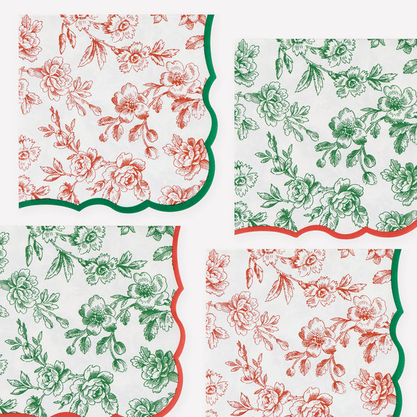 Our large Christmas paper napkins, made from 3-ply paper, feature an elegant Toile de Jouy design in red and green with coordinating borders. Image1