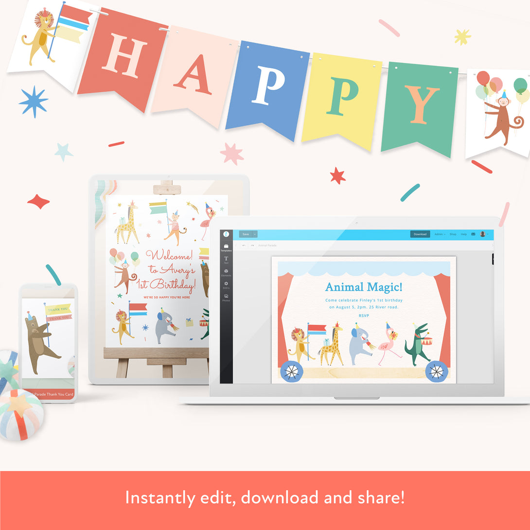 Our digital party bundle, with bright and beautiful animal illustrations, includes all you need to welcome guests to your party. Image11