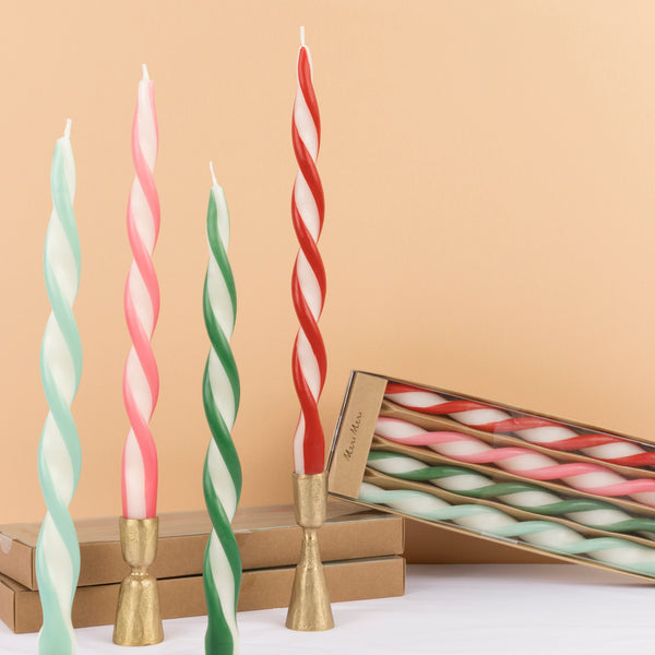 Use our twisted candles, in red, pink, blue, green and ivory, for a wonderful effect on your Christmas table or mantel. Image1