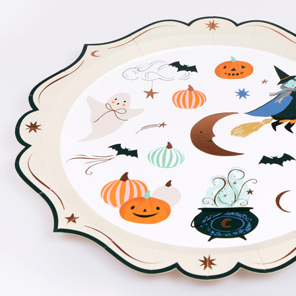 Our Halloween plates, made from paper in a dinner plate size, feature fun characters and icons teamed with an ornate edge for an elegant look. Image3