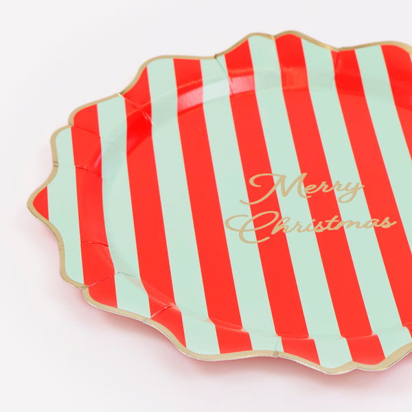 Our paper Christmas side plates feature bold stripes, a Merry Christmas message in shiny gold fold and wavy borders, striking and special. Image3