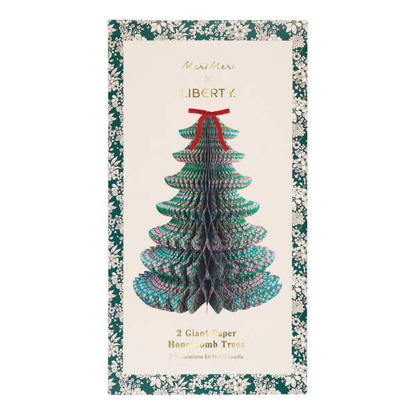 Our decorative Christmas trees, made in 3D shapes from honeycomb paper, feature beautiful Liberty print designs and red velvet bows on top. Image5
