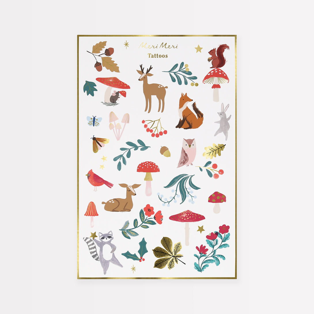 Our Christmas temporary tattoos feature woodland animals and flowers with lots of gold shiny details.