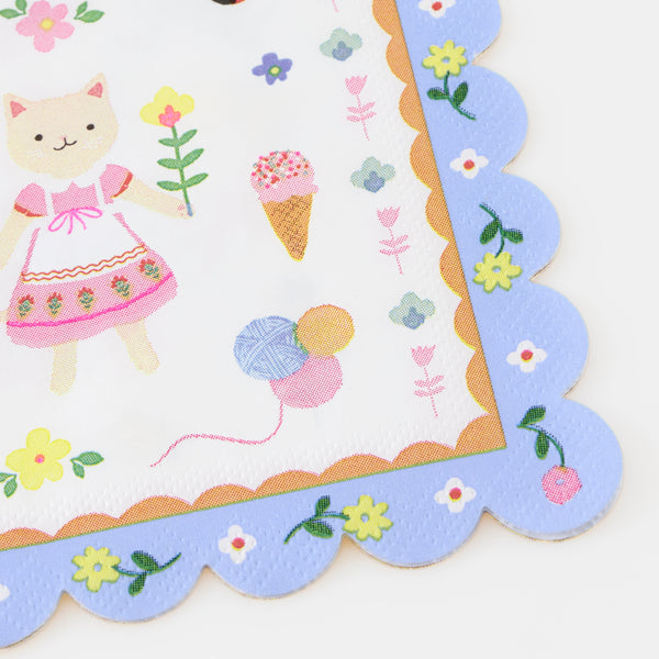 Our small napkins, made from soft 3-ply paper, feature a charming folk-inspired kitten design, ideal for young birthday parties. Image3