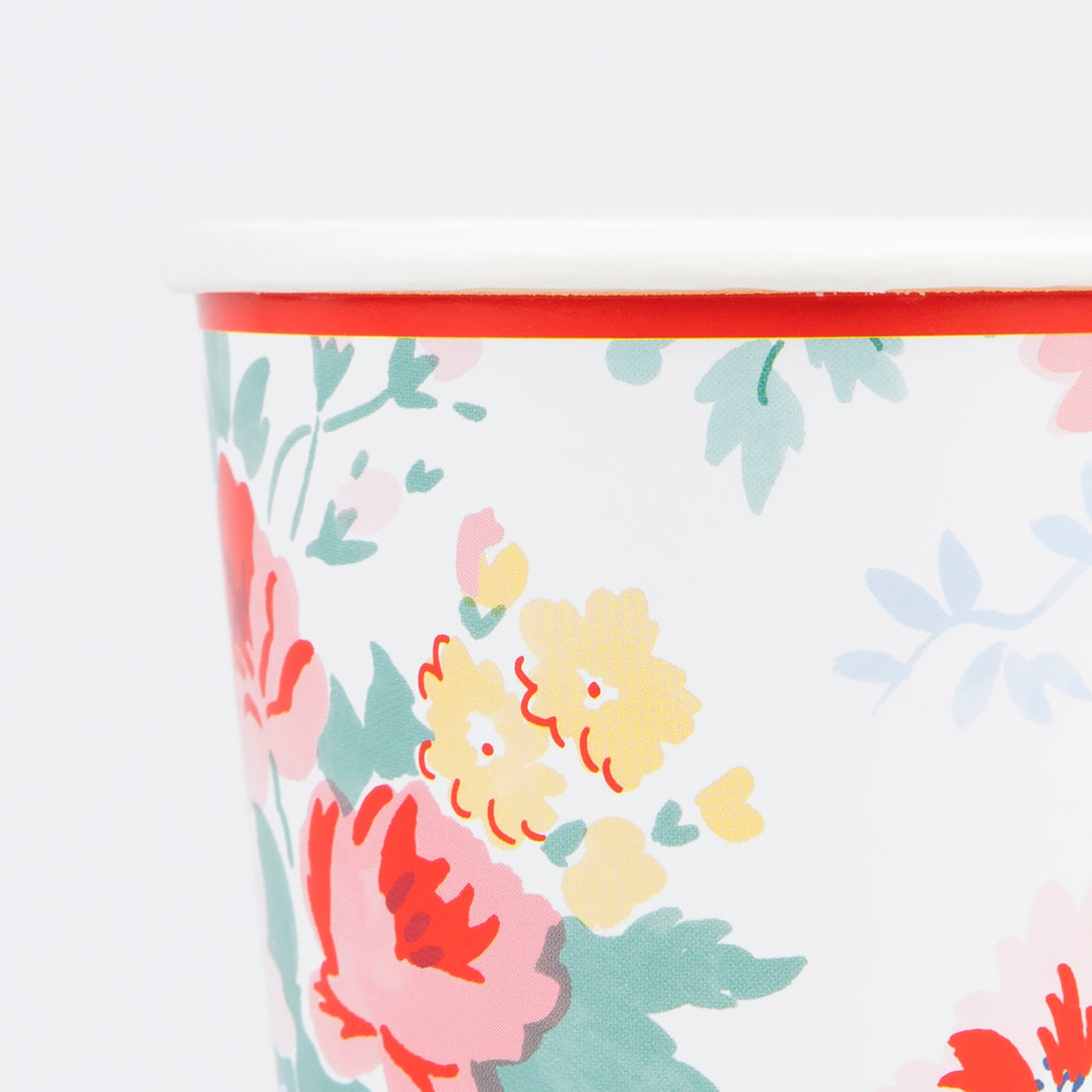 Our paper cups, with a vintage floral design, are great for hot or cold drinks at any special celebration.