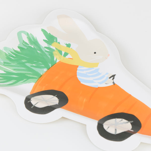 Our Easter plates feature a cute bunny in a carrot-shaped racing car, perfect for a fun and playful mealtime. Image2