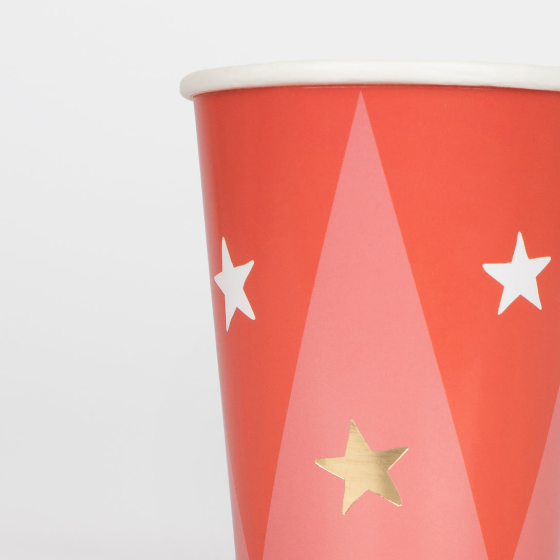 Our circus cups are perfect for a circus themed party, with bright colours and shiny gold foil stars.