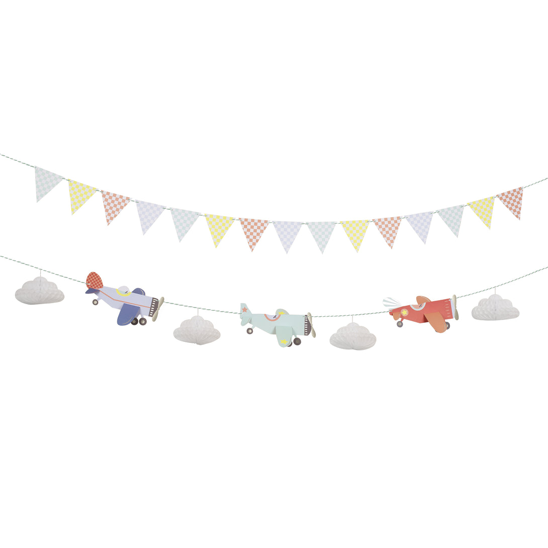 Kids who love airplanes will love our airplane party set which includes an airplane garland, plates, napkins and cups. 