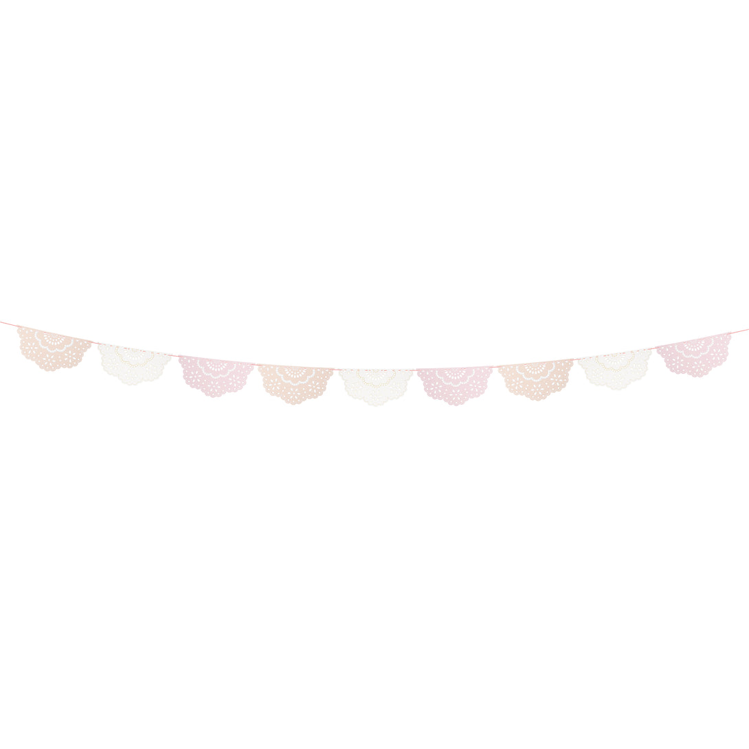 Our party garland, in pretty pink, peach and ivory with lace design details, makes an amazing baby shower garland.