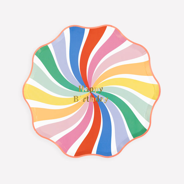 Our small birthday plates feature a swirl of rainbow colours with neon pink borders and shiny gold foil Happy Birthday message. Image1