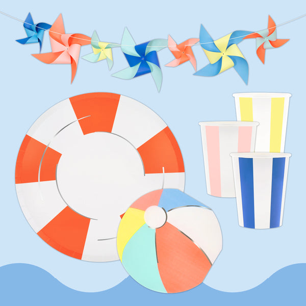 Have an amazing pool party with our special set including colourful tableware for eight guests and a vibrant pinwheel garland. 
