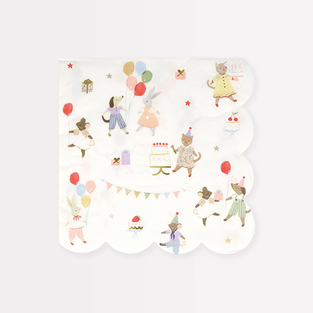 Our Animal Friends party set is ideal for first birthdays, featuring adorable tableware, party bags, party hats and a large paper garland. 