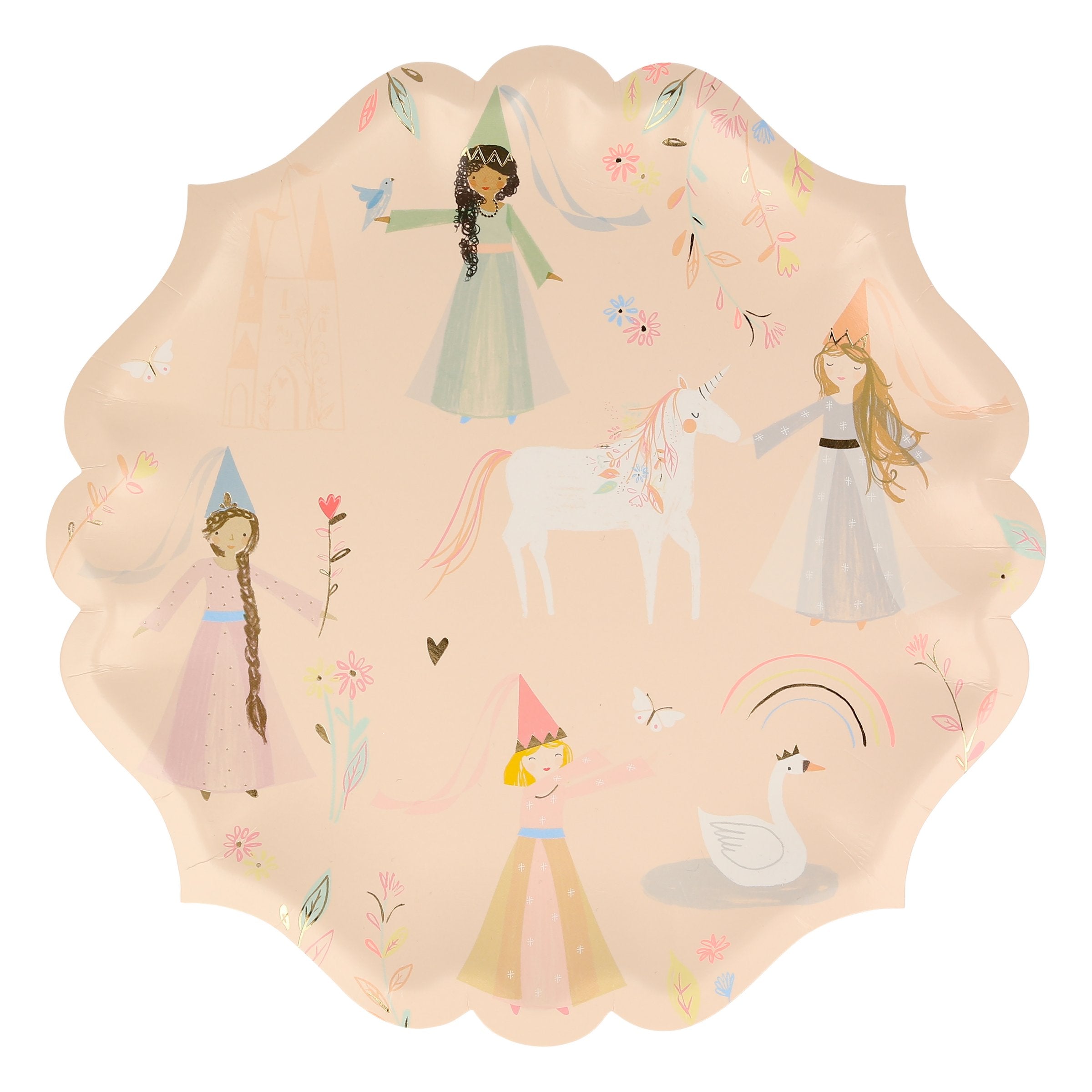 These princess birthday party plates feature beautiful designs of princesses and unicorns with gold foil detail.