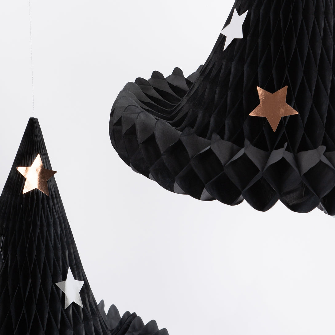 Our Halloween witch hats look amazing dangling from your ceiling or porch.