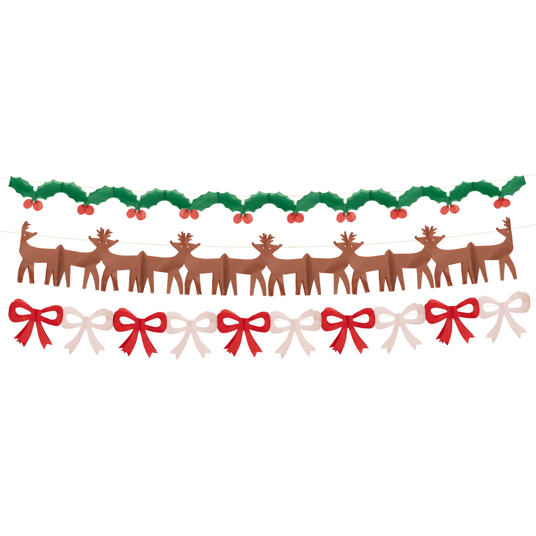 Our classic Christmas garlands, featuring reindeer, bows and holly and berries, are made with colourful tissue paper.