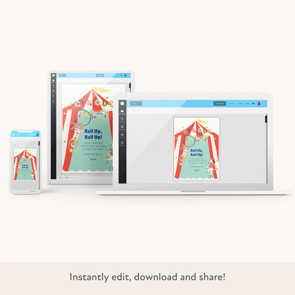 Our circus digital party invitation features a juggling dog, simply personalise it to make it perfect for your circus party. Image2