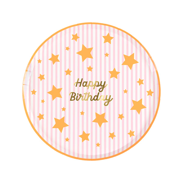 Our paper birthday plates, in a small side plate size, feature a shiny gold foil Happy Birthday message with stripes and neon stars, joyful! Image4