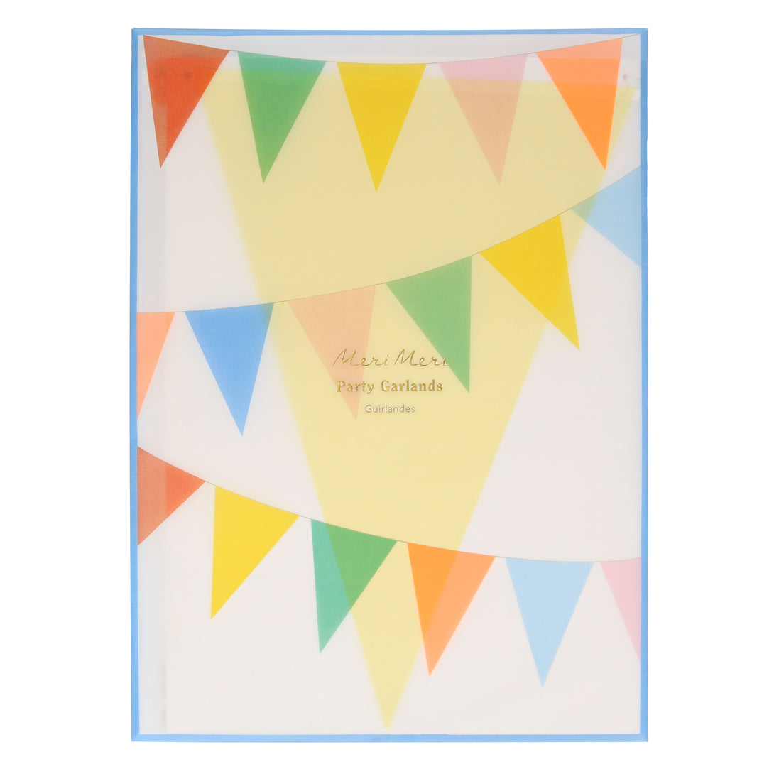 Our paper garland set includes 2 flag garlands in 10 bright colours, ideal for birthday party decorations.