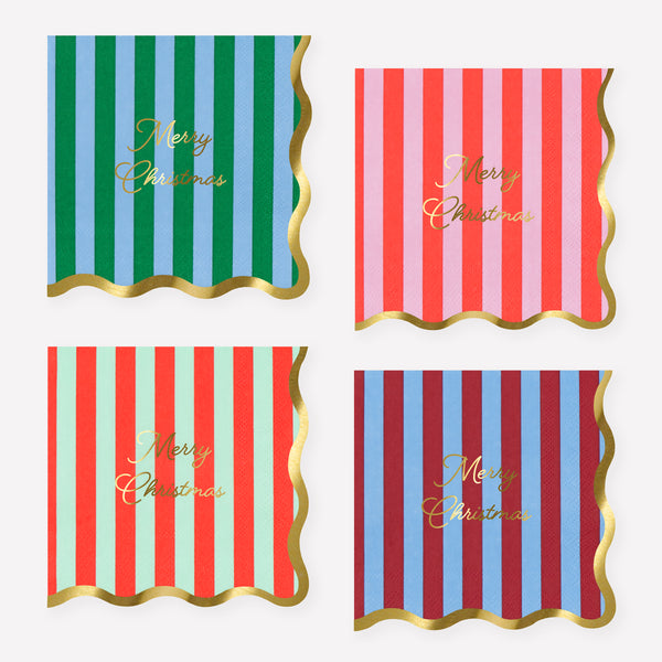 Add joyful cheer to your Christmas dinner or parties with the Christmas paper napkins with bold stripes, scalloped edges and shiny gold foil. Image1