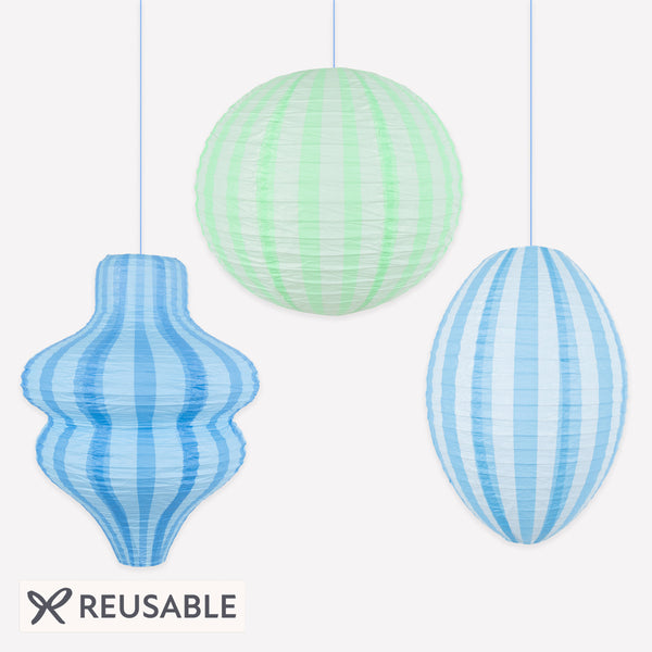 Our striped blue paper lanterns are the perfect hanging decorations for baby showers, birthday parties or all year decorations. Image1