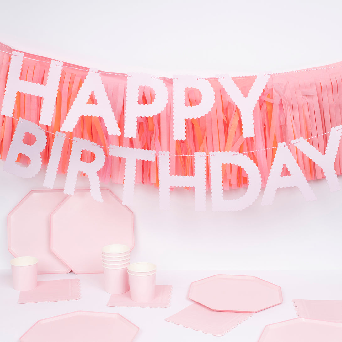 Create a pink themed party with our special party set including pink paper plates, napkins, cups and 2 pink garlands.  Image1