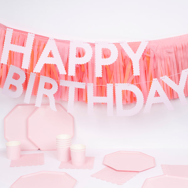 Create a pink themed party with our special party set including pink paper plates, napkins, cups and 2 pink garlands.  Image1