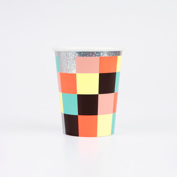 Our party cups, with holographic foil and a brighten checkerboard design, are perfect for hot or cold drinks for kids who love retro games.