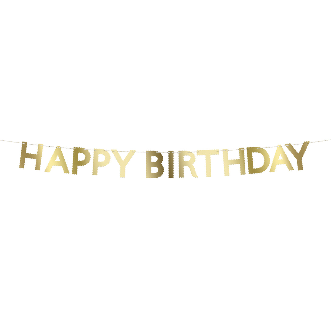 Our birthday garland, in shiny gold letters, is a great birthday party decoration to place on the party table, wall, mantel or doorway.