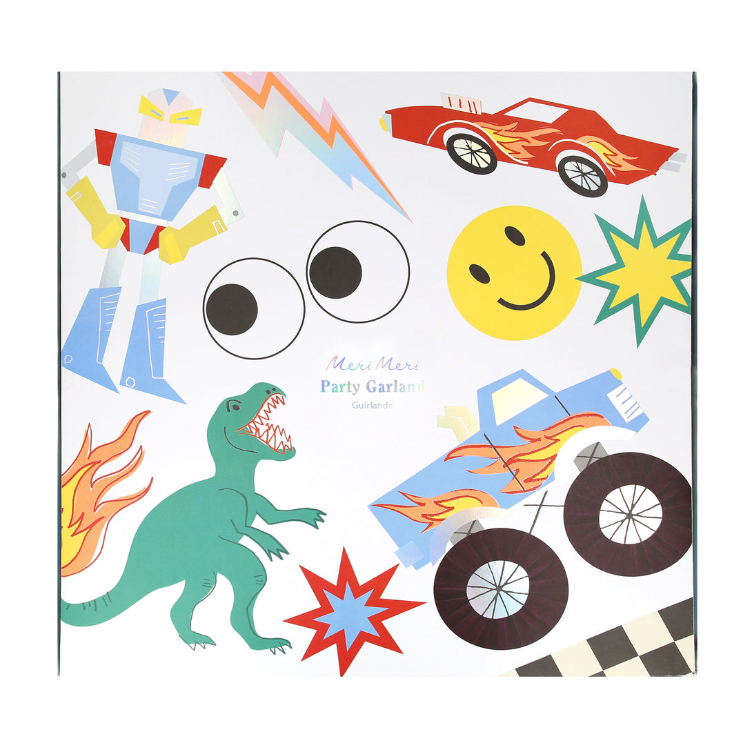 Our special decoration is both a birthday garland and a garland to decorate a bedroom or playroom, with monster trucks and more.