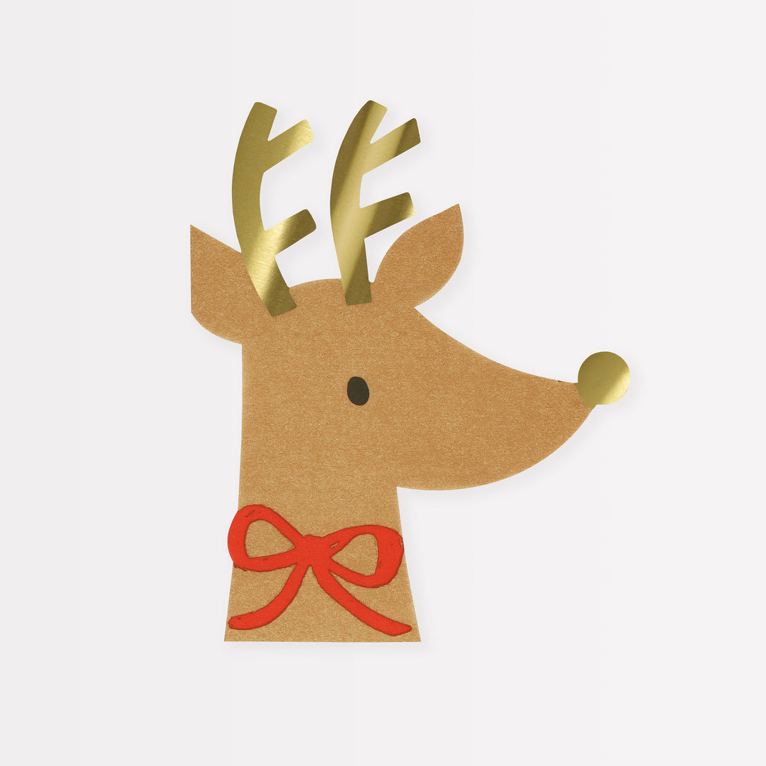 Our Christmas napkins, in the shape of reindeer with shiny gold foil antlers, will look amazing at your festive meals.