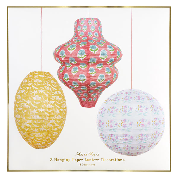 Our paper lanterns, a set of three with pink and yellow floral print designs, feature a round, oval and wavy shape, great for chic parties. Image6