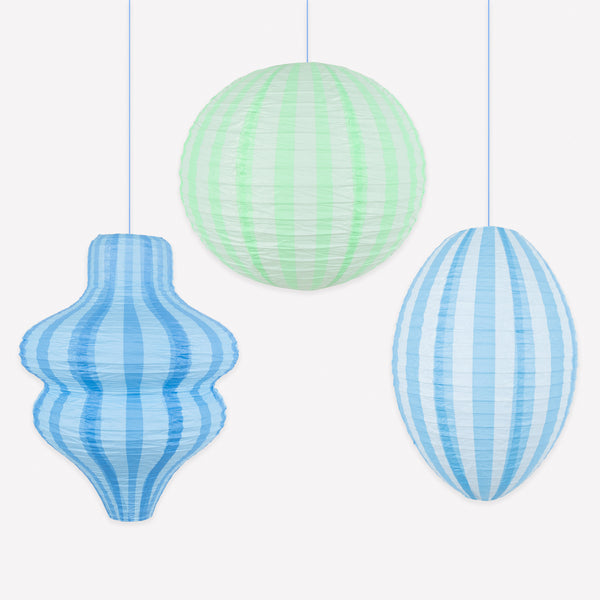 Our striped blue paper lanterns are the perfect hanging decorations for baby showers, birthday parties or all year decorations. Image1